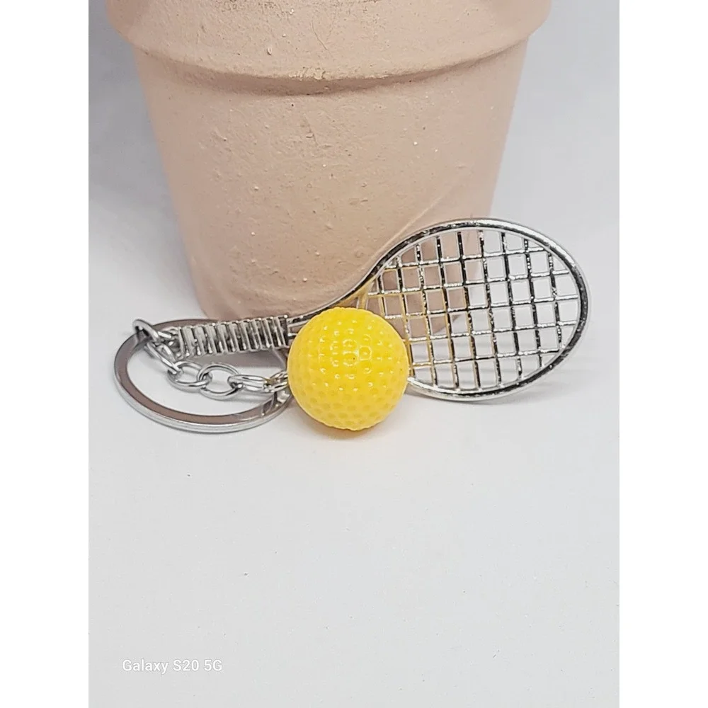 Handmade Tennis Racket‎ Ball Keychain Silver Tone Yellow Charm Women Accessory